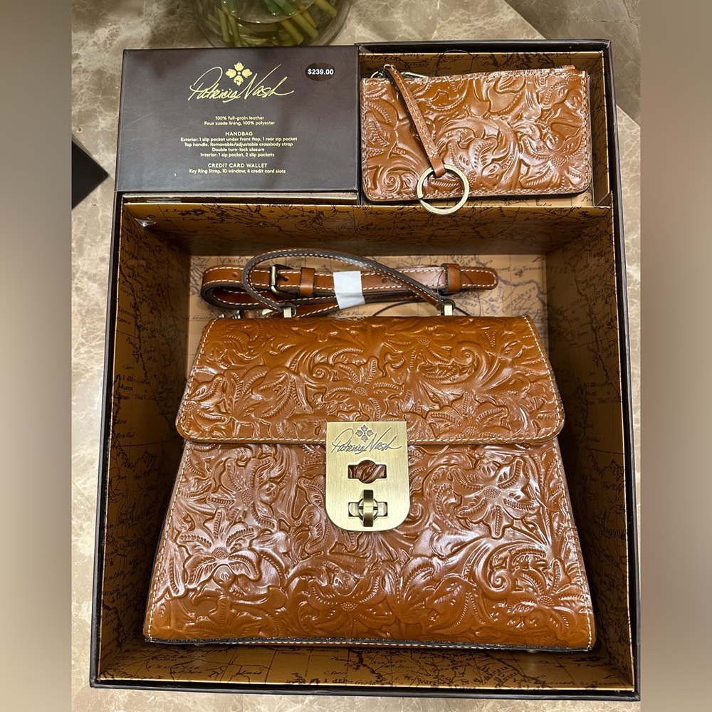 Patricia Nash box set Tooled Claire Satchel and Gela CC Case Florence New in box